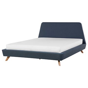 Bed Frame Blue Fabric Upholstery Light Wood Legs King Size 5ft3 Retro Beliani
