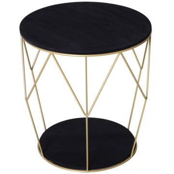 Homcom Wood Metal Coffee Round Table W/storage Sofa End Side Coffee Table Bedroom Modern Decoration Furniture - Black Gold Color (φ45cm)