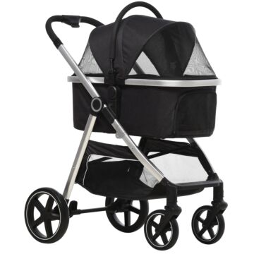 Pawhut 3 In 1 Foldable Dog Pushchair, Detachable Travel Stroller W/ Eva Wheels, Adjustable Canopy, Safety Leash, Cushion, For Small Pets - Black