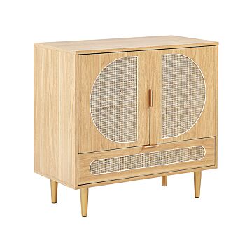 2 Door Sideboard With Drawer Light Wood Manufactured Wood With Rattan Front Drawers Boho Style Nighstand Beliani