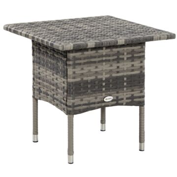 Outsunny Rattan Side Table, Outdoor Coffee Table, With Plastic Board Under The Full Woven Table Top For Patio, Garden, Balcony, Mixed Grey