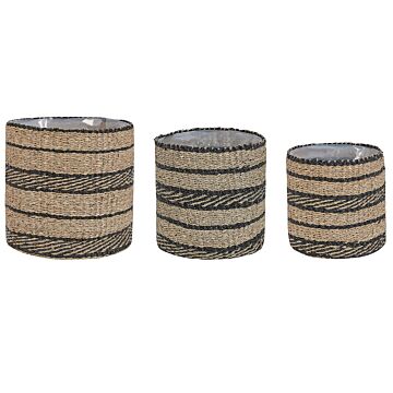 Set Of 3 Plant Baskets Natural Seagrass Planter Pots With Lining Indoor Use Beliani