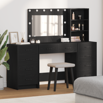 Vidaxl 3 Piece Dressing Table Set With Led Black Engineered Wood