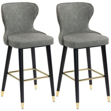 Homcom Bar Stools Set Of 2, Pu Leather Barstools With Back, Footrest And Wood Legs For Kitchen, Counter, Breakfast Bar, Grey