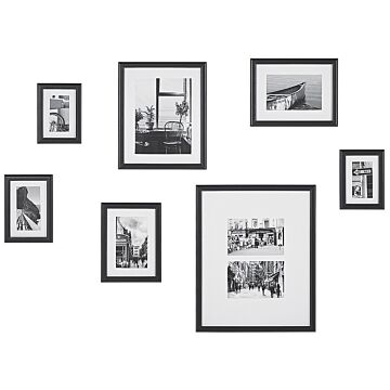 Set Of 7 Framed Photos Black Various Sizes Modern Passpartout Wall Decor Gallery Hooks Beliani