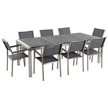 Garden Dining Set Grey With Flamed Granite Table Top 8 Seats 220 X 100 Cm Beliani