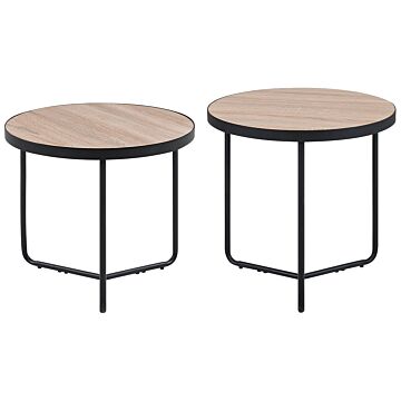 Set Of 2 Coffee Tables Light Wood Tabletop Black Metal Legs Round Small And Medium Living Room Furniture Beliani