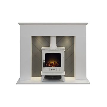 Adam Corinth Stove Fireplace In Pure White & Grey With Downlights & Aviemore Electric Stove In White, 48 Inch