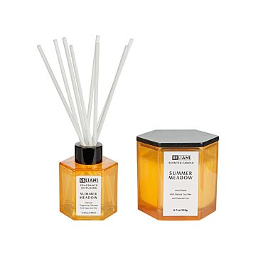 Set Of Scented Candle And Fragrance Stick Diffuser Pink 100% Soy Wax Cotton Wick Glass Fruity Summer Meadow Beliani