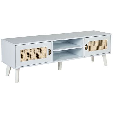 Tv Stand White With Beige Mdf With Faux Rattan Fronts 2 Cabinets 2 Open Shelves Cable Management Vintage Style Beliani