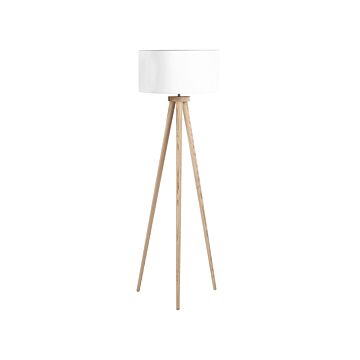 Floor Lamp White With Light Wooden Frame 140 Cm Fabric Drum Shade Tripod Modern Design Beliani