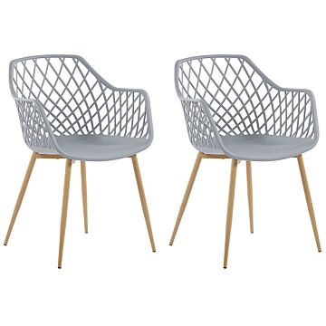 Set Of 2 Dining Chairs Grey Synthetic Seat Light Wood Metal Legs Open Net Back Modern Living Room Scandinavian Style Beliani