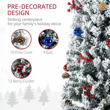 Homcom 7' Artificial Prelit Christmas Trees Holiday Décor With Colourful Led Lights, Flocked Tips, Berry, Pine Cone