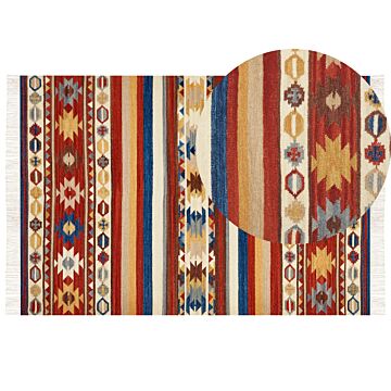 Kilim Area Rug Multicolour Wool 160 X 230 Cm Hand Woven Flat Weave Oriental Pattern With Tassels Traditional Living Room Bedroom Beliani