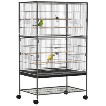 Pawhut Large Bird Cage Budgie Cage For Finch Canaries Parakeet With Rolling Stand, Slide-out Tray, Storage Shelf, Food Containers, Dark Grey