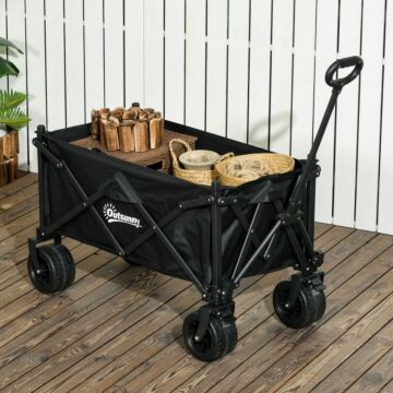 Outsunny Folding Garden Trolley, Outdoor Wagon Cart With Carry Bag, For Beach, Camping, Festival, 120kg Capacity, Black