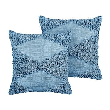Set Of 2 Decorative Cushions Blue Cotton 45 X 45 Cm Geometric Pattern Boho Decor Accessories Beliani
