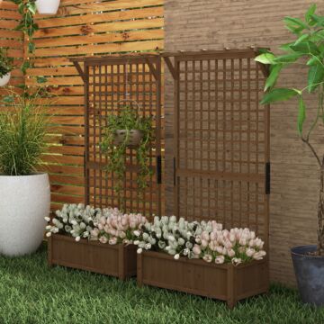 Outsunny 2 Pcs Raised Bed With Drainage Holes, Wood Planter With Trellis For Climbing Plants To Grow Vegetables, Flowers, Brown