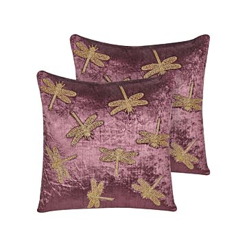 Set Of 2 Decorative Cushions Purple Velvet 45 X 45 Cm Animal Pattern Dragonfly Motif Modern Glamour Living Room Bedroom Pillow Beliani