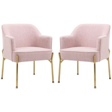 Homcom Accent Chair, Living Room Armchair, Vanity Chair With Gold Plating Metal Legs And Soft Padded Seat For Bedroom And Café, Set Of 2, Pink
