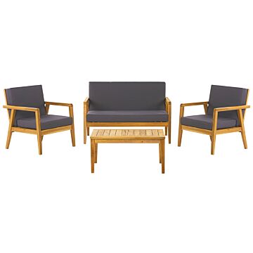 Garden Conversation Set Light Acacia Wood With Grey Cushions Sofa With Armchairs And Coffee Table Beliani