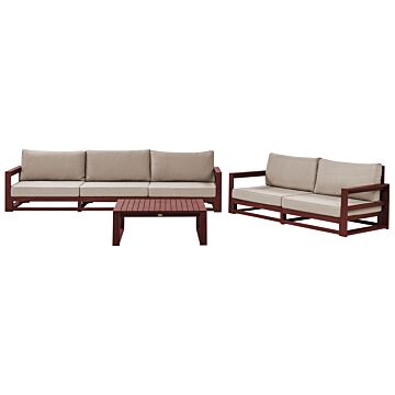 Garden Sofa Set Mahogany Brown And Taupe Acacia Wood Outdoor 5 Seater 2 Sofas With Coffee Table Cushions Modern Design Beliani