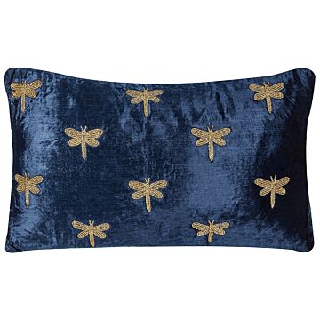 Decorative Cushion Navy Blue Velvet 30 X 50 Cm Animal Pattern Dragonfly Motif Modern Glamour Living Room Bedroom Pillow Beliani