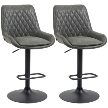 Homcom Retro Bar Stools Set Of 2, Adjustable Kitchen Stool, Upholstered Bar Chairs With Back, Swivel Seat, Dark Grey
