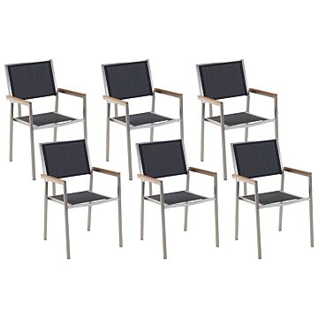 Set Of 6 Garden Dining Chairs Black And Silver Textile Seat Stainless Steel Legs Stackable Outdoor Resistances Beliani