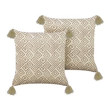 Set Of 2 Decorative Cushions Beige Velvet And Cotton 45 X 45 Cm Geometric Pattern Block Printed Boho Decor Accessories Beliani