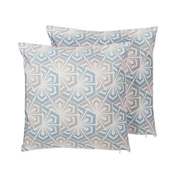 Set Of 2 Decorative Cushions Blue And Grey Floral Geometric Pattern 45 X 45 Cm Modern Minimalist Decor Accessories Beliani