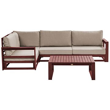 Garden Corner Sofa Set Mahogany Brown And Taupe Acacia Wood Outdoor Right Hand 4 Seater With Coffee Table Cushions Modern Design Beliani