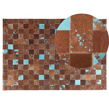 Rug Brown And Blue Leather 140 X 200 Cm Cowhide Hand Crafted Beliani