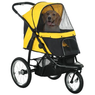 Pawhut Pet Stroller Jogger For Medium, Small Dogs, Foldable Cat Pram Dog Pushchair W/ Adjustable Canopy, 3 Big Wheels - Yellow