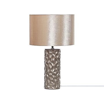 Table Lamp Gold Ceramic 50 Cm Geometric Pattern Velvet Drum Shade Bedside Living Room Bedroom Lighting Glamour Style Beliani