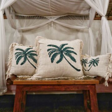 Linen Cushion 60x60cm Palm Tree With Fringe