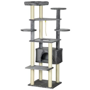 Pawhut 184cm Cat Tree For Indoor Cats, Multi-level Kitten Climbing Tower With Scratching Posts, Cat Bed, Condo, Perches, Hanging Play Rope, Grey