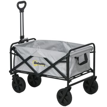 Outsunny Folding Pull Along Cart Cargo Wagon Trolley With Telescopic Handle - Dark Grey
