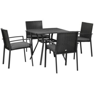 Outsunny 4 Seater Rattan Garden Furniture Set 5 Pieces Outdoor Dining Set With Cushions, Umbrella Hole - Black