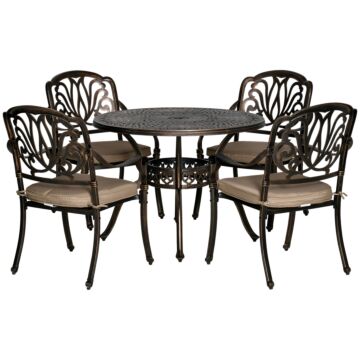 Outsunny 4 Seater Outdoor Dining Set Antique Cast Aluminium Garden Furniture Set With Cushions Round Dining Table With Parasol Hole, Bronze