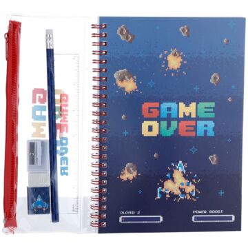 Ring Bound Notepad & Pencil Case 6 Piece Stationery Set - Game Over
