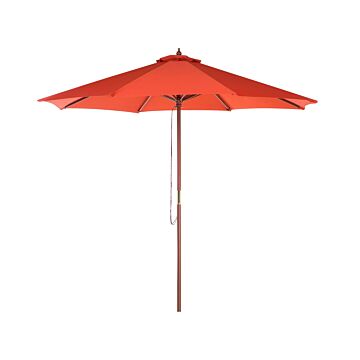Garden Parasol Red Fabric Ø 270 X 254h Cm Birch Pole Foldable Outdoor Modern Beliani