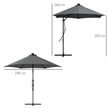 Outsunny 3(m) Garden Parasol Cantilever Umbrella With Solar Led, Cross Base And Waterproof Cover, Dark Grey
