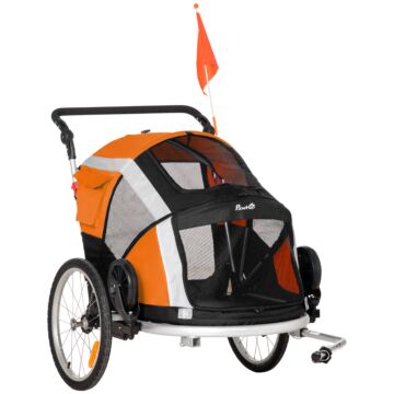 Pawhut Dog Bike Trailer 2-in-1 Pet Stroller For Large Dogs Cart Foldable Bicycle Carrier Aluminium Frame With Safety Leash Hitch Coupler Flag Orange