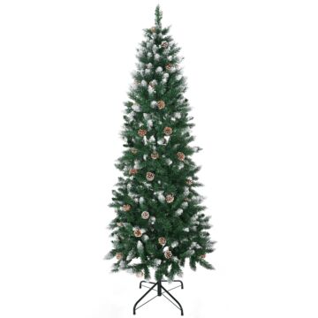 Homcom 6 Ft Snow Artificial Christmas Tree With Realistic Branches, Pine Cone, For Indoor Decoration, Green White