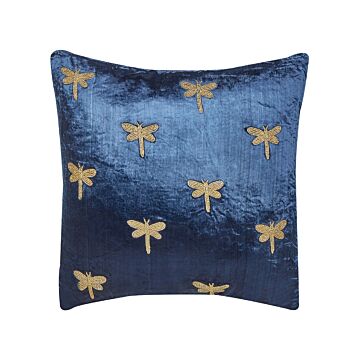 Decorative Cushion Navy Blue Velvet 45 X 45 Cm Animal Pattern Dragonfly Motif Modern Glamour Living Room Bedroom Pillow Beliani