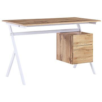 Home Office Desk Light Wood With White Mdf 120 X 60 Cm Steel Frame With Storage Drawer Shelf Beliani