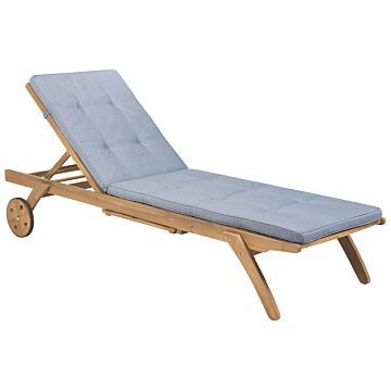Garden Sun Lounger Light Wood Acacia With Blue Cushion Reclining On Wheels With Table Beliani
