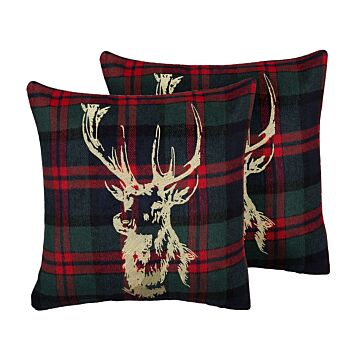 Set Of 2 Decorative Cushions Green And Red Reindeer Print 45 X 45 Cm Modern Decor Accessories Christmas Beliani