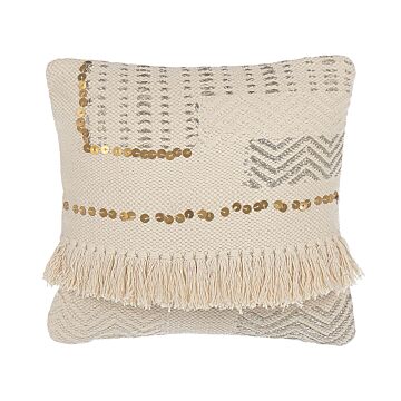 Decorative Cushion Beige 45 X 45 Cm With Tassels Boho Retro Decor Accessories Beliani